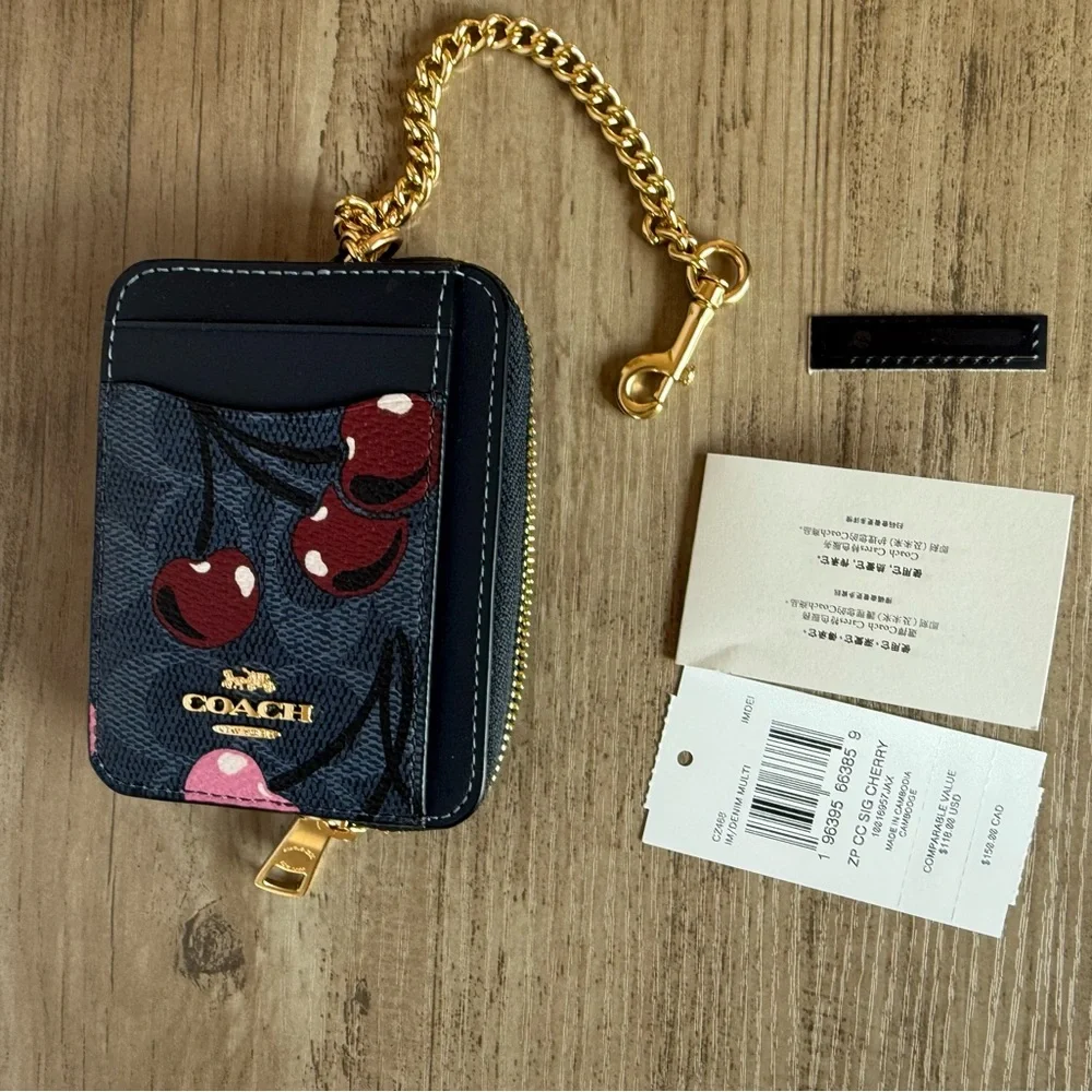 NWT Coach Zip Card Case In Signature With Cherry Gold/denim blue Pink CZ468